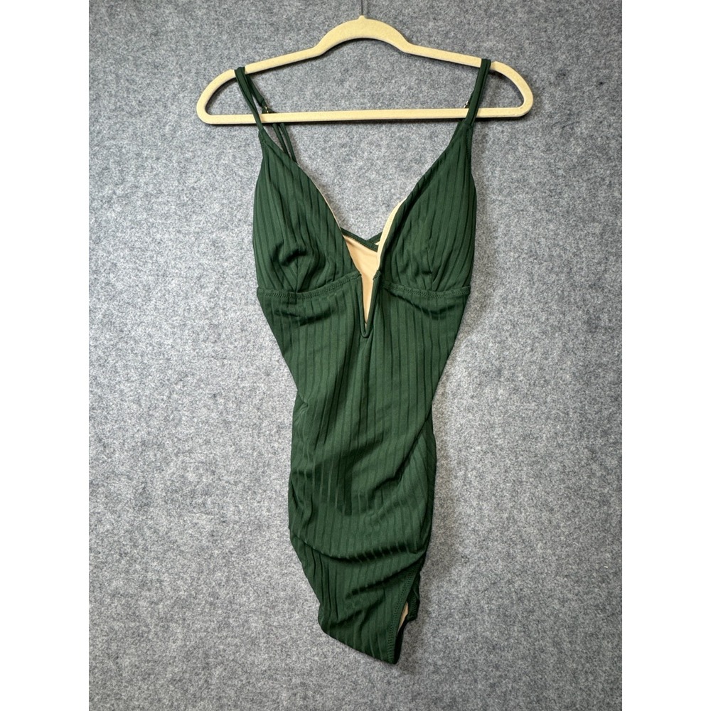 Ribbed Deep V One-Piece Swimsuit - Forest Green